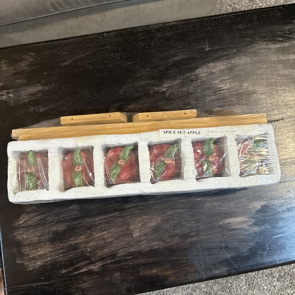 Apple Hand Painted Fine Ceramicware Spice Rack With 6 Spice Jars Wood Shelf NIB